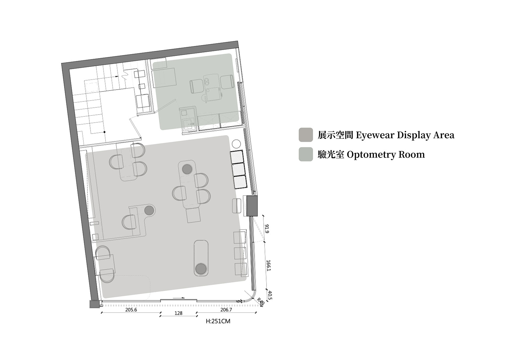 眼鏡行平面圖，展示空間與驗光區清楚分區，兼顧動線流暢與服務隱私
