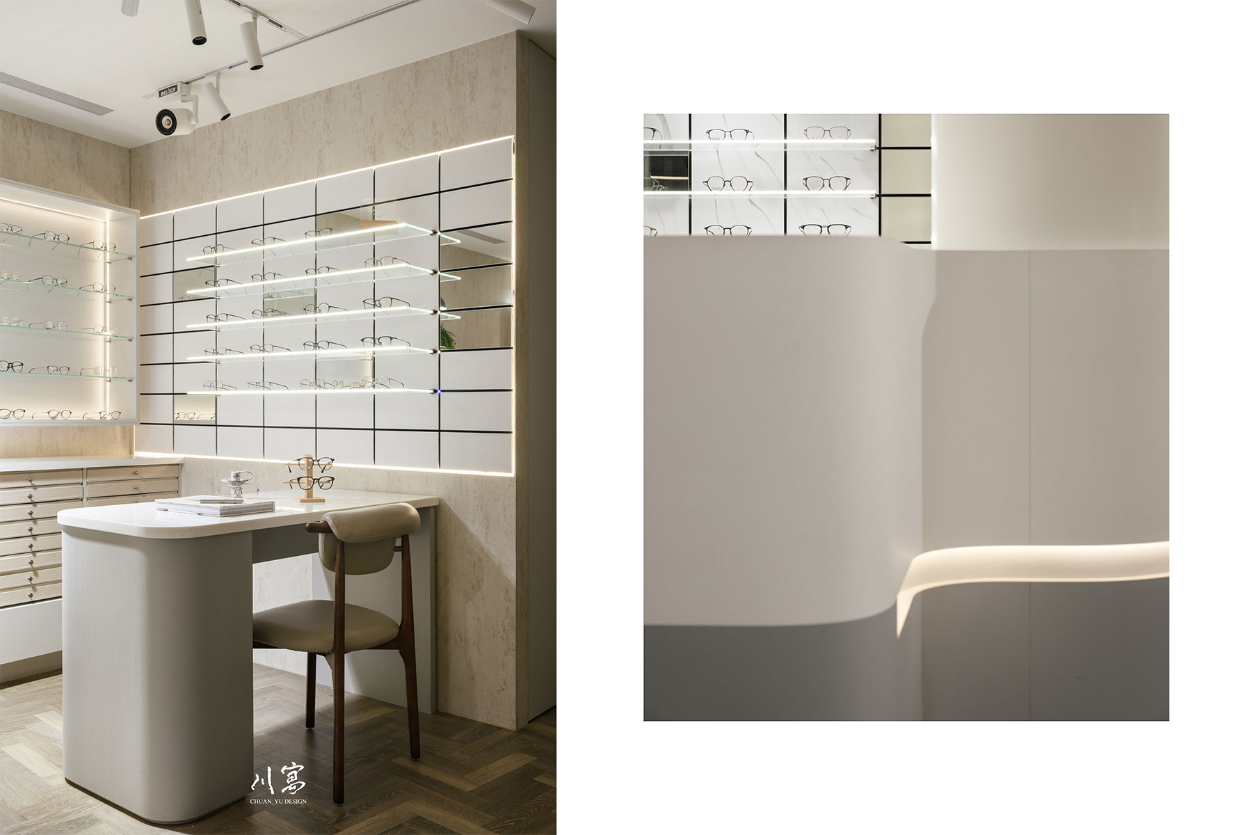 櫃檯近景，弧形線條呼應後方格狀眼鏡陳列牆設計語彙