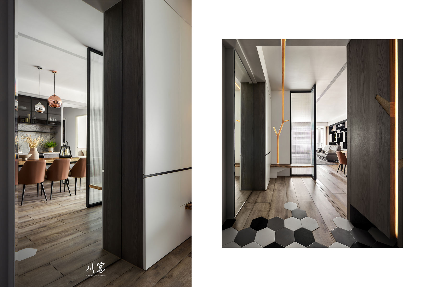 玄關空間設計，黑白灰六角磚拼接地坪，搭配樹枝造型燈條與延伸至天花的鏡面